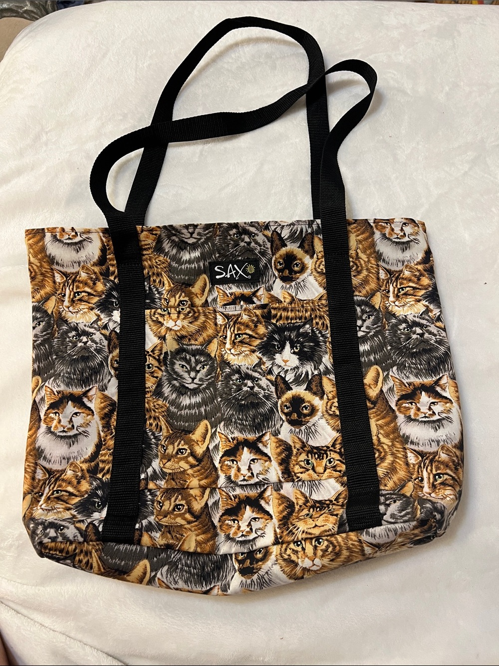 Vintage SAX All Over Print Cat Faces Fabric Zip Up Tote Bag with Pocket
